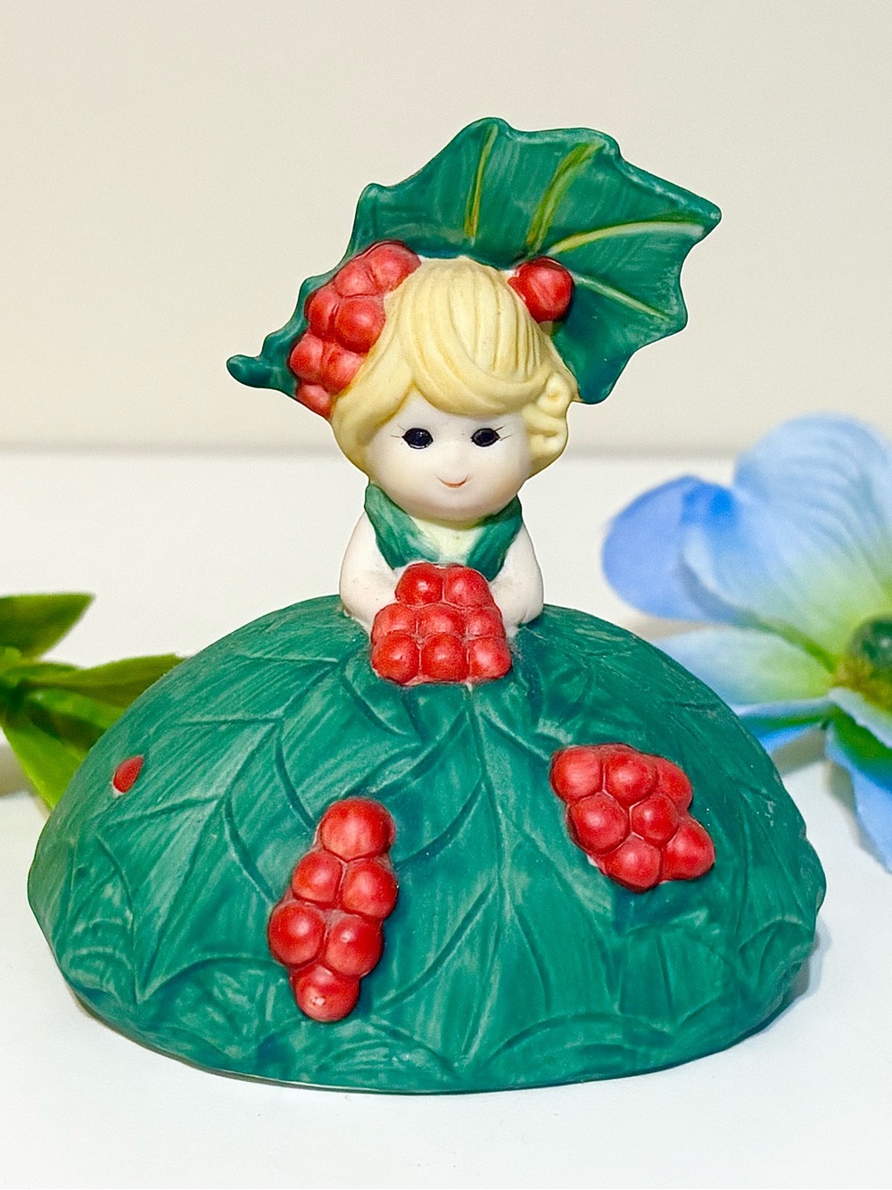 Vintage Holly Berry Green Leaf Fairy Bell-Collectible Girl Christmas Figurine